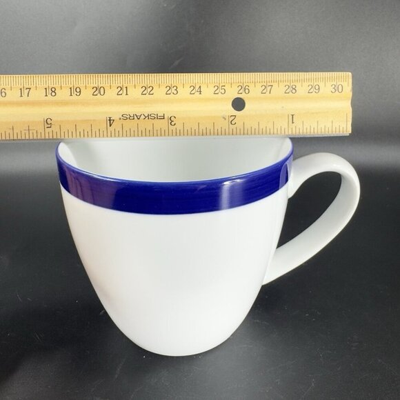 Crate & Barrel Belmont White Cobalt Blue Band Sri Lanka Porcelain Mugs Cups Set2 - Picture 4 of 14